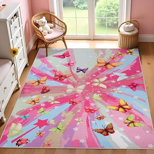 Miniatura 2 de Superior Alfombra de interior para niños, decoración de piso de mariposa para guardería, dormitorio de niños, decoración de sala de juegos,