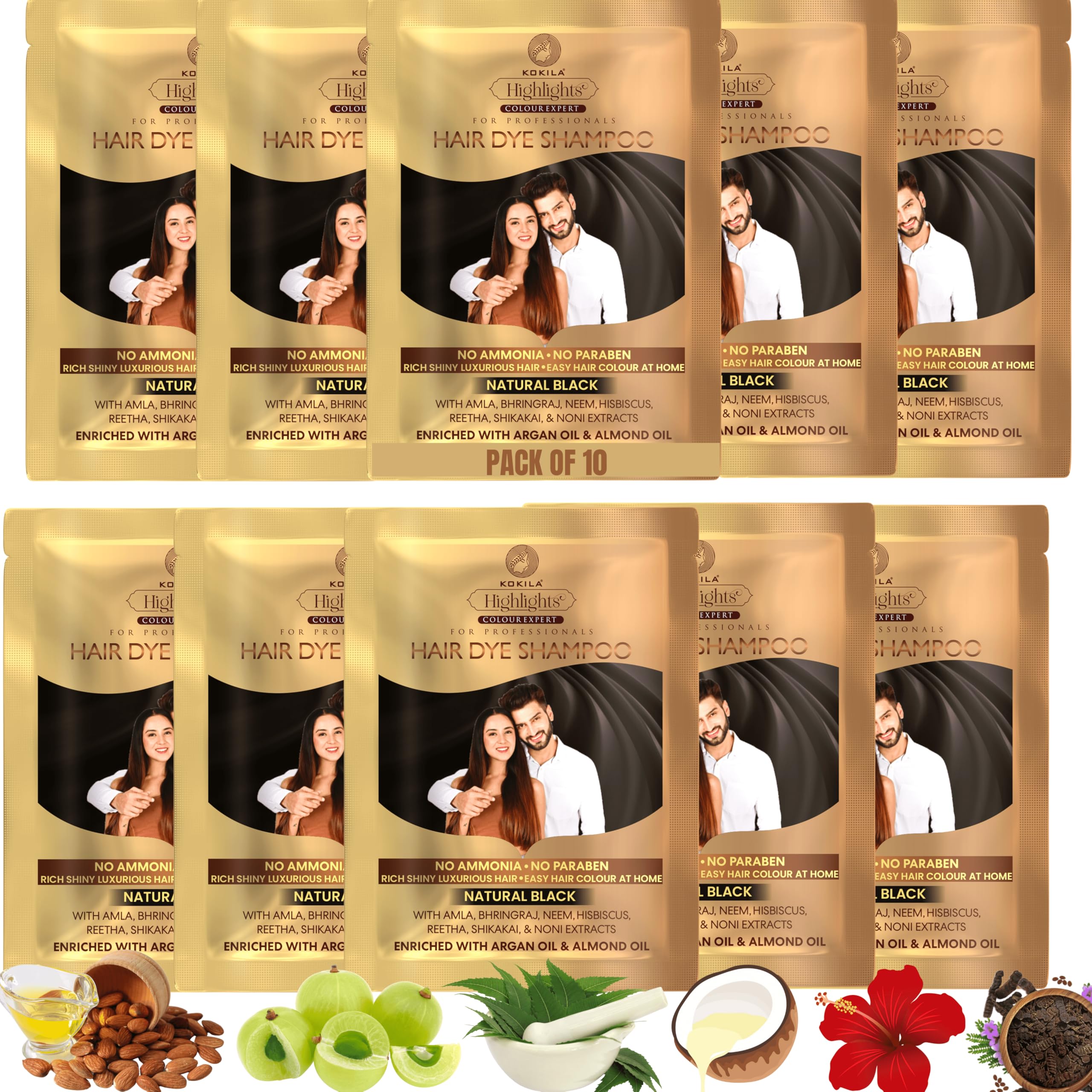 Kokila Unisex Hair Color Shampoo Sachet, Color in just 5 minutes, No Ammonia - No Paraben, Natural Black (25mlx10 Sachets)