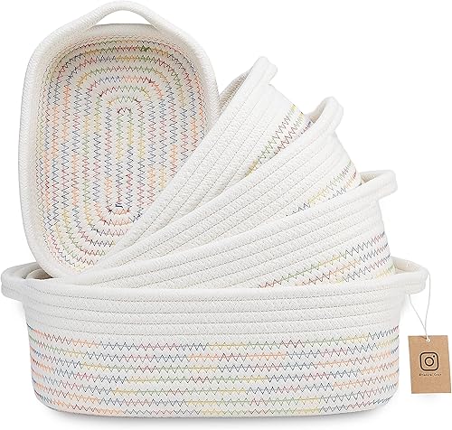 NaturalCozy Juego de cestas de almacenamiento rectangulares de 5 piezas canastas tejidas de cuerda de algodón natural para organizar Canasta pequeña