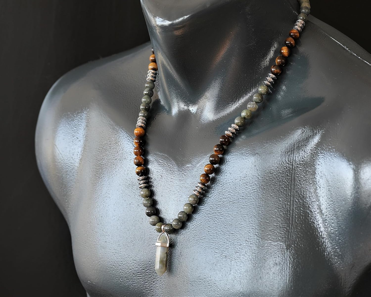 ElisaJewelryArt - Natural Labradorite Pointed Pendant Tiger Eye And Labradorite Stone Beaded Necklace Genuine Gemstone Spiritual Stone Clasp Closure Necklace Unisex Necklace - Image 7