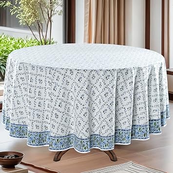 Ridhi Round Tablecloth Hand Block Print 100% Cotton Reusable Powder Blue 90 Inch Table Cover Decorative Everyday Use for Dining, Home, Party, Wedding, Farmhouse, Party Gift for Spring, Mothers Day