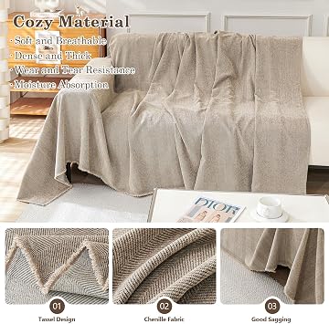 Chenille Sofa Cover for 1-4 Seater, Washable Camel 180x380cm