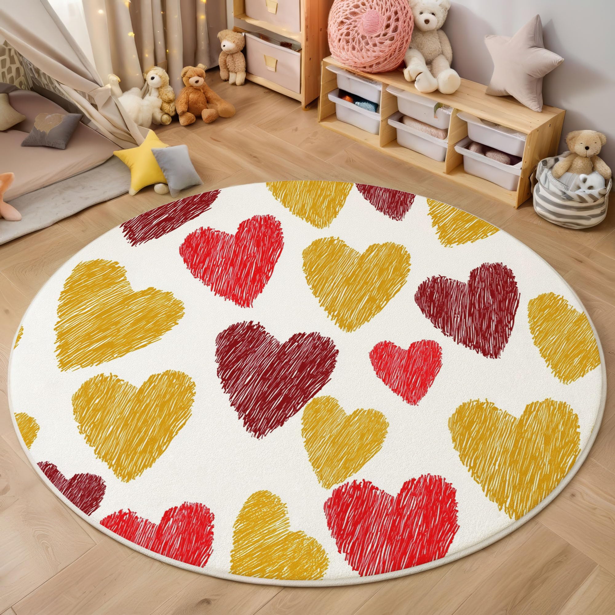 Teppich Rund 120cm Buntstiftmalerei rutschfest Teppiche Liebe Herz Clipart Waschbar Wohnzimmerteppich Kurzflor Weich Runder Teppich Senfgelb for Schlafzimmer Studie Heimbüro
