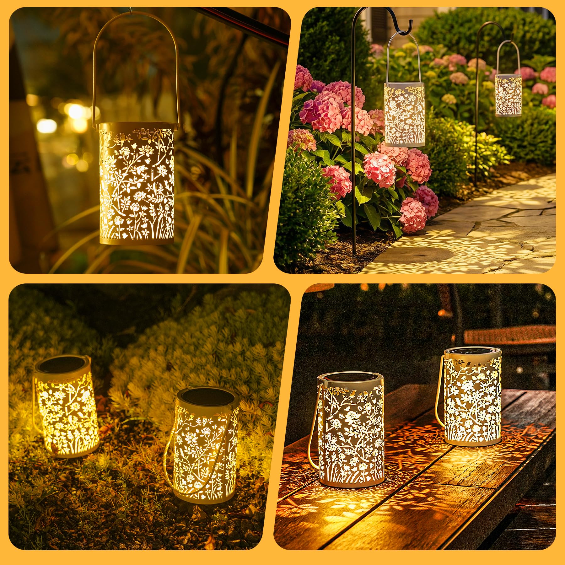 Görvitor Weiß Solarlampen für Außen Hängend 4 Stück, Vintage Solarlaterne für Außen Metall mit Blumen & Vogel Muster, Solar Laterne IP65 Wetterfest für Tisch Gartenweg Balkon Weihnachtsdeko