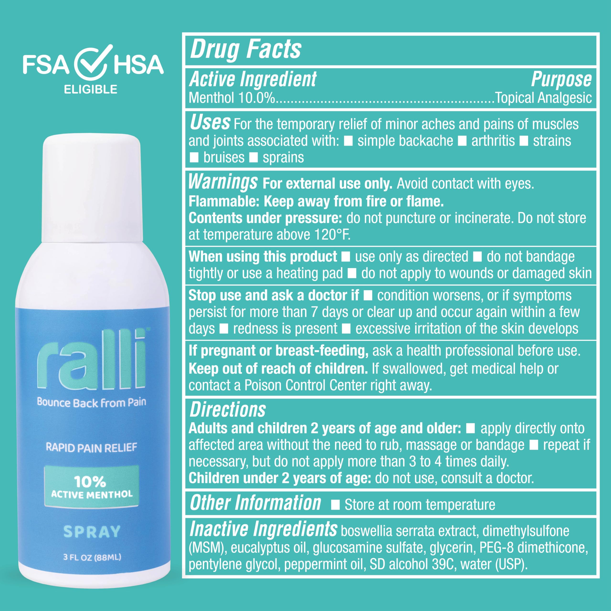 ralli Rapid Pain Relief 3oz Spray for Muscle Aches, Joint, Arthritis, Knee, Neck, Hip Pain, Foot Pain, Backache Pain-Relief, Dye Free, Made in USA — Amazon image 6