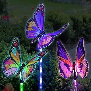 Exhart Garden Solar Lights, Set of 3 Fiber Optic Butterfly Garden Stakes, Color Changing LED, Outdoor Garden Decoration, 5 x 30 Inch