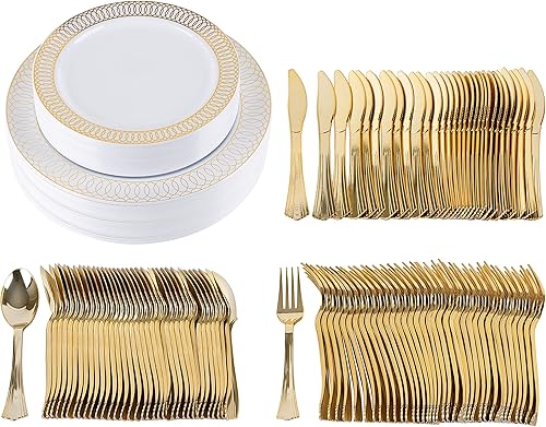 PARTY BARGAINS Juego de 125 platos desechables para 25 invitados, espiral dorada, 25 de cada uno platos llanos de 10 pulgadas, platos de