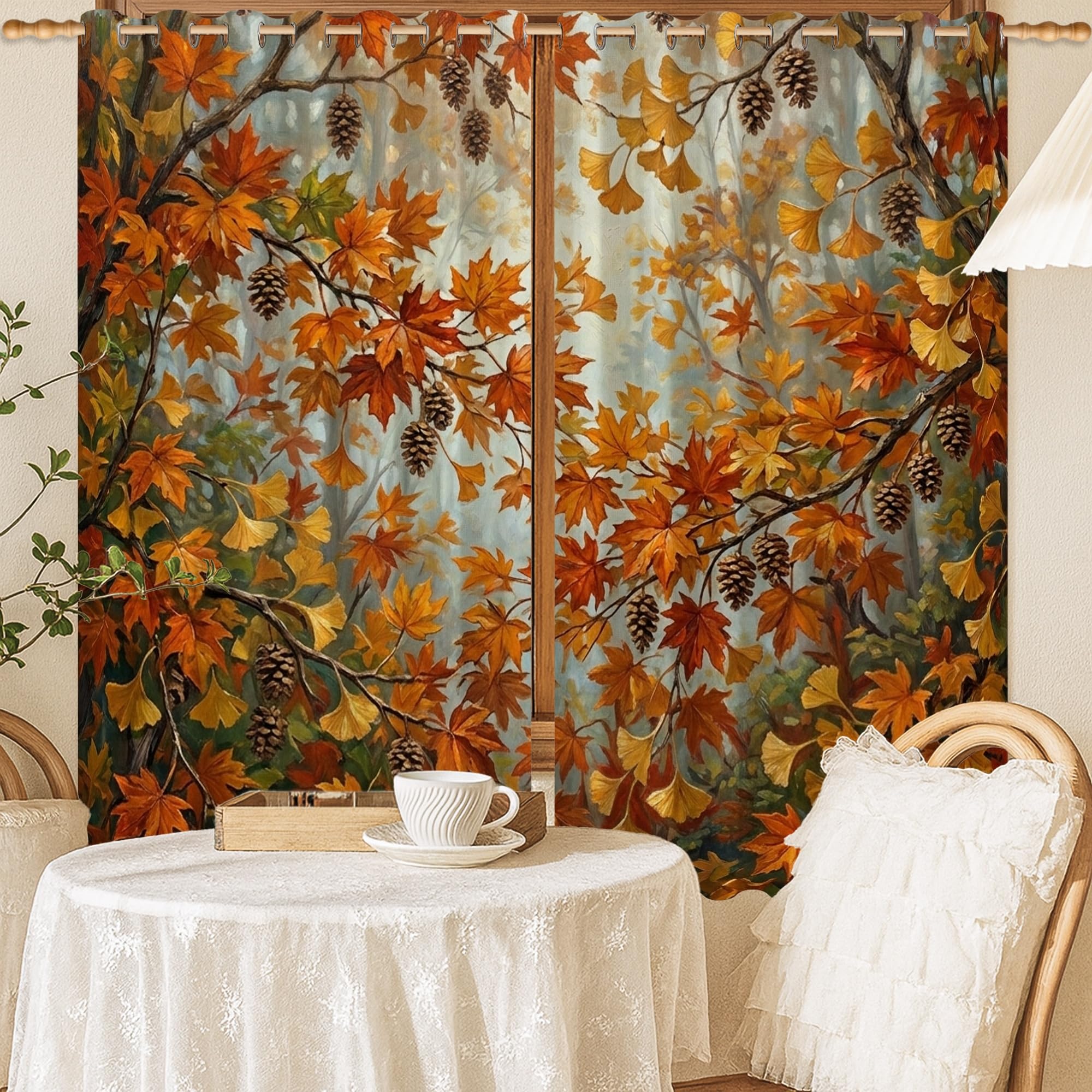 Rideaux occultants de qualité supérieure orange avec branches et pommes de pin