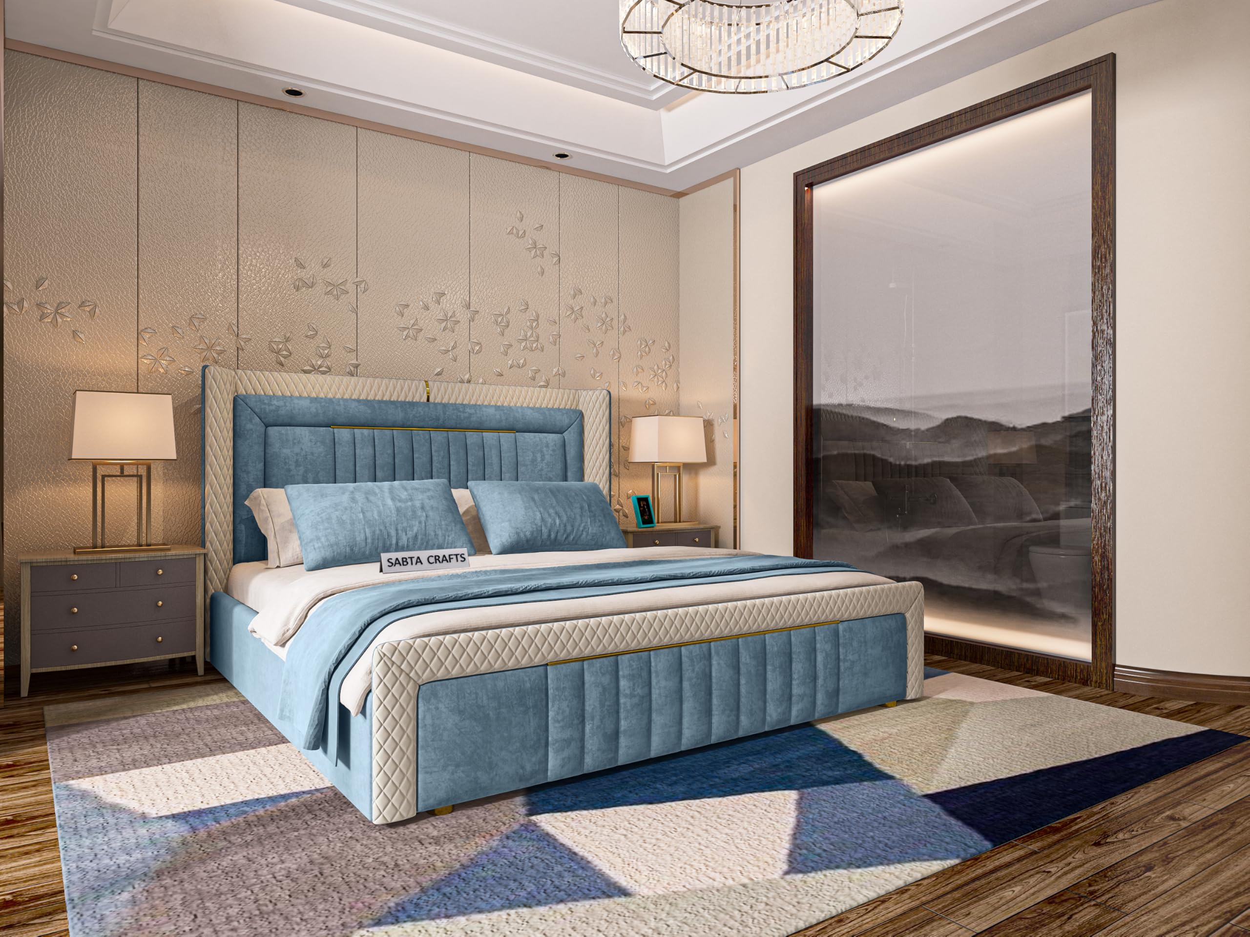 SABTA Modern Upholstered Queen Size Bed with Box Storage for Bedroom | Wooden Double Bed with Storage | Platform Cot Bed with Upholstery Premium Fabric | 6.5 x 5 Ft | Sheesham Wood (Light Steel Blue)