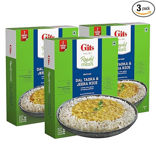 Gits Ready to Eat Jeera Rice + Dal Tadka Combo Indian Meal, Pure Veg Heat and Eat, 1125g (Pack of 3 X 375g Each)