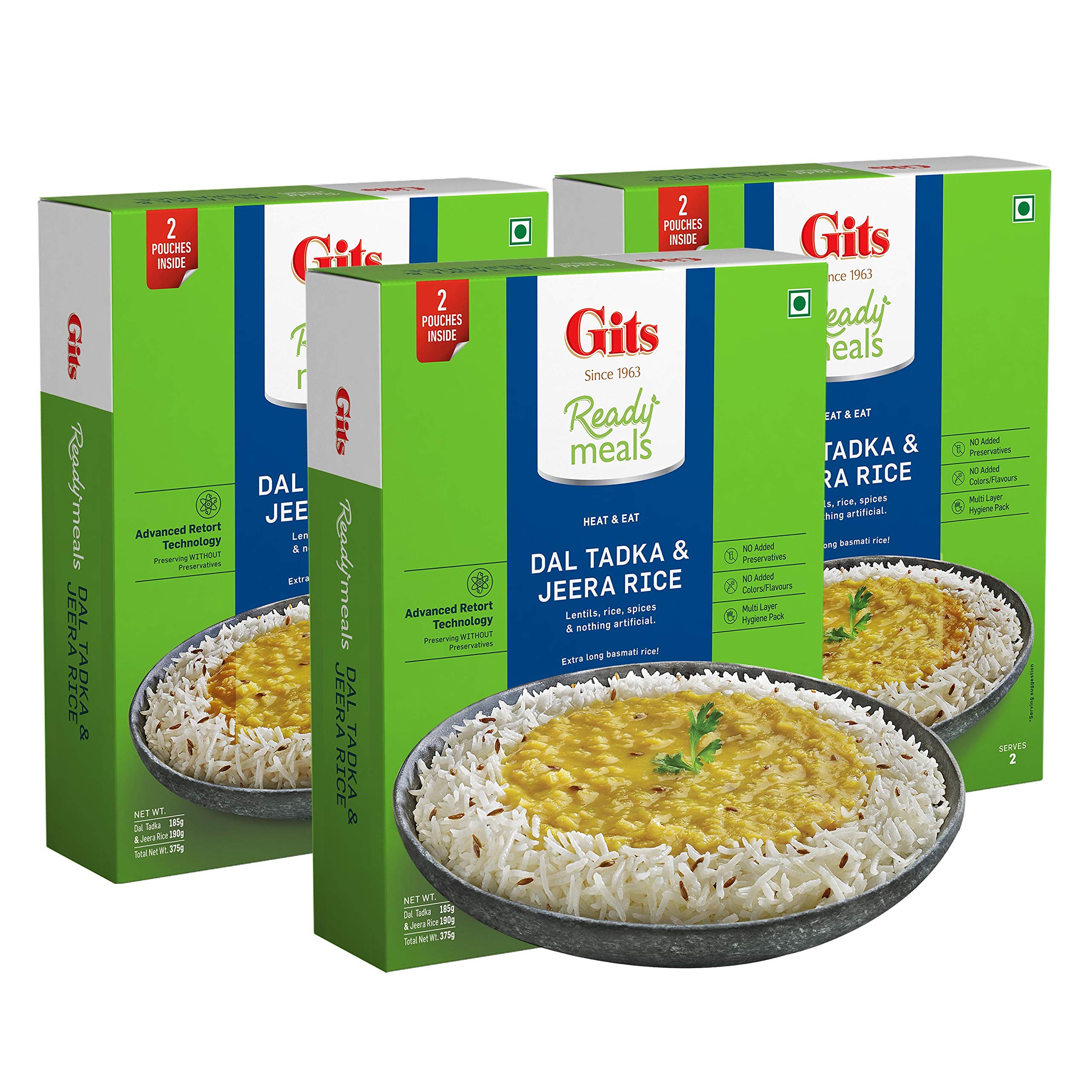Gits Ready to Eat Jeera Rice + Dal Tadka Combo Indian Meal, Pure Veg Heat and Eat, 1125g (Pack of 3 X 375g Each) (B0865LBVS3) Amazon Price History, Amazon Price Tracker