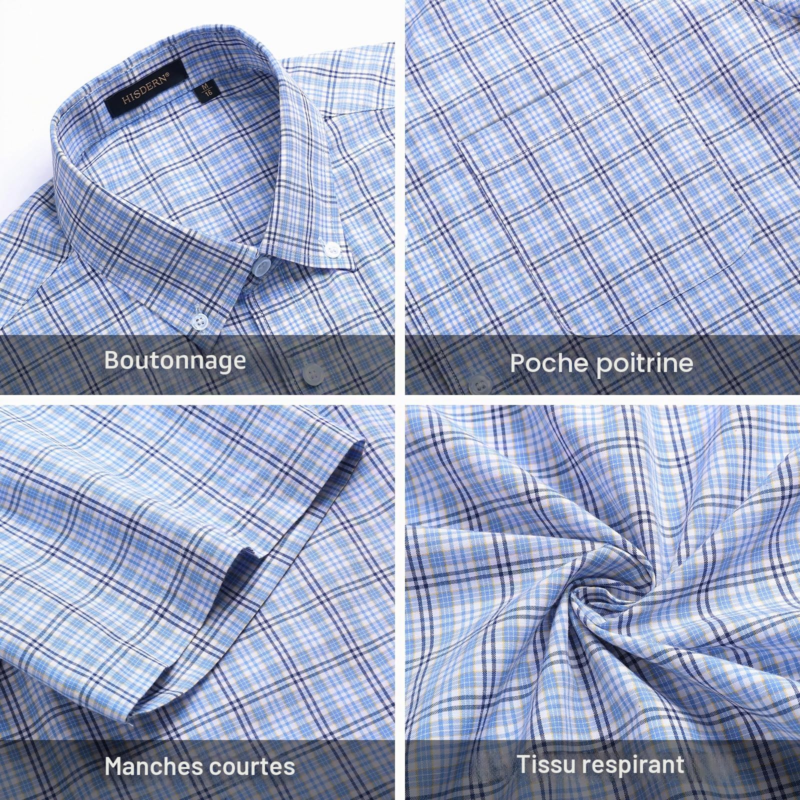 HISDERN Chemise Carreaux Homme Manches Courtes Boutonnées Décontractées Chemise été Travail Homme avec Poches Coupe Régulière