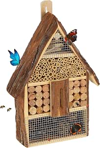 Hôtel à Insectes Relaxdays – Nid Abeilles & Guêpes En Bois Et Bambou – Jardin Écologique 15,5x16x10,5 Cm