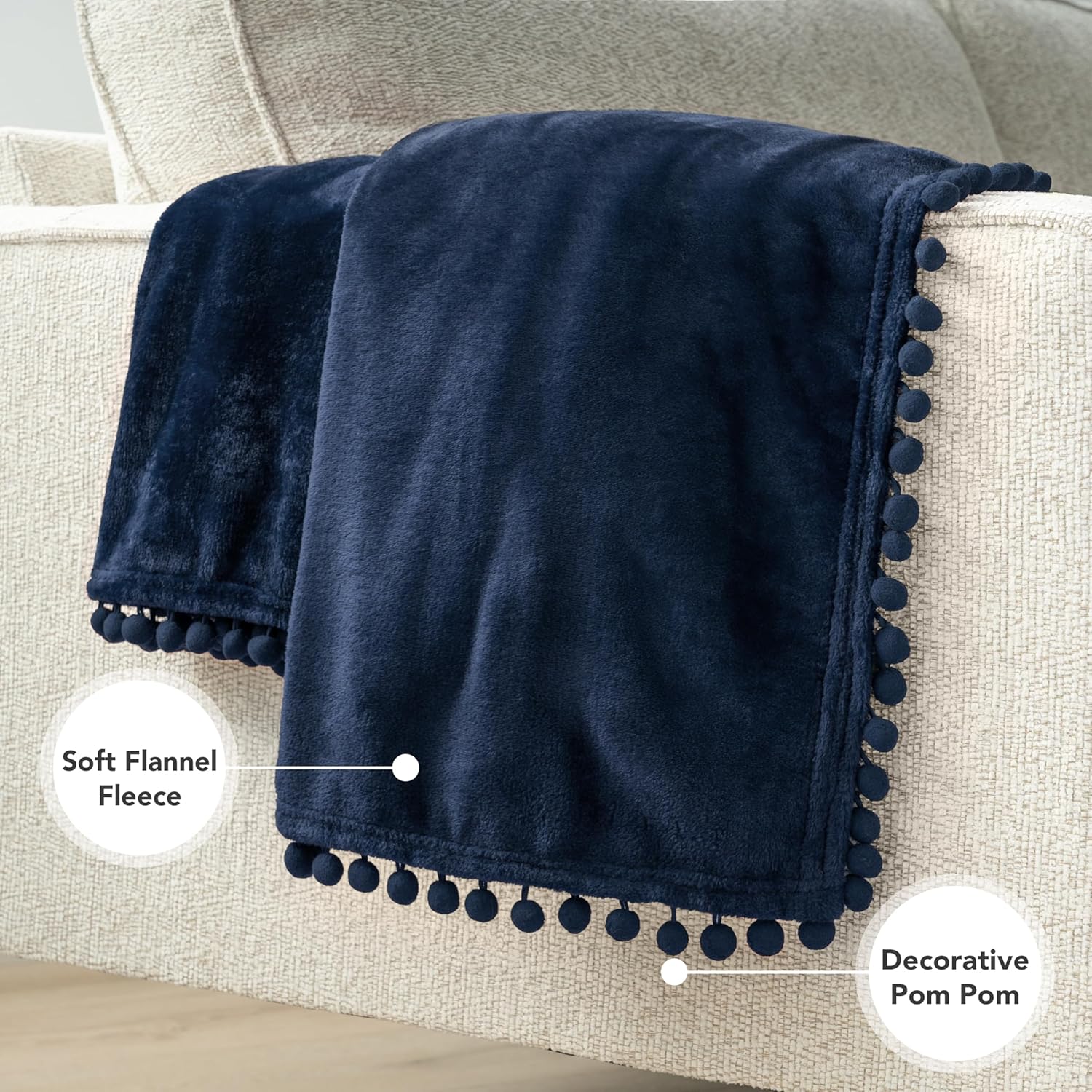 PAVILIA Fleece Throw Blanket for Couch with Pom Pom Fringe, Navy Blue, Soft Cozy Fuzzy Flannel Blanket for Sofa Bed, Lightweight Plush All Season Throw, 50x60 Inches - Image 3