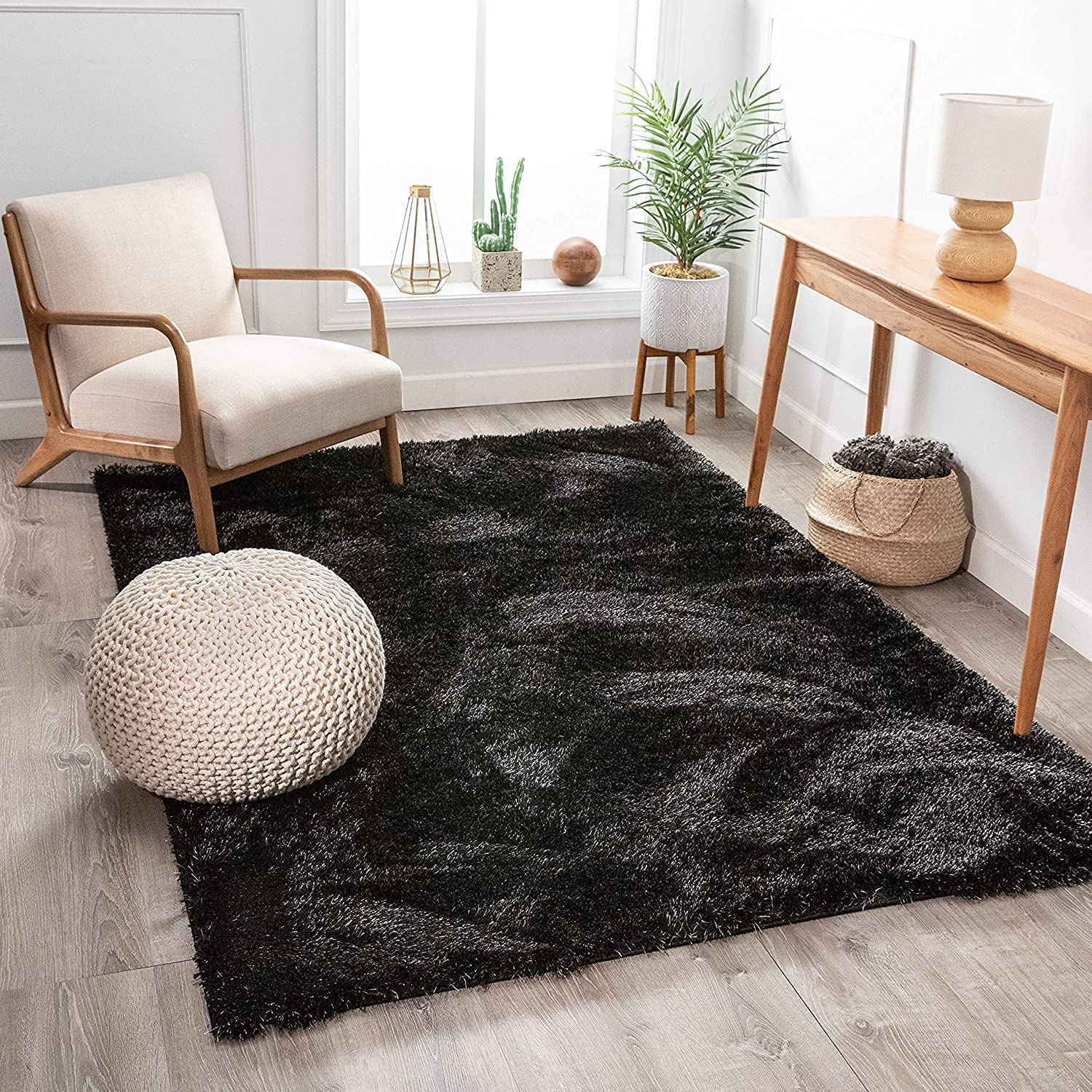 Carpet for Living Room Bedroom Hall Shaggy Handmade Microfibre and Polyster Cozy Super Soft & Plush Fluffy Shaggy Carpets with 2 inch Thickness 4 X 6 FEET Black Rug