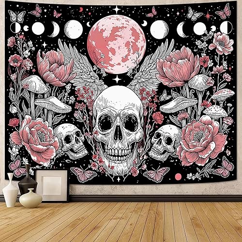Miniatura 18 de Kanuyee Tapiz de calavera y mariposa, tapiz floral gótico para colgar en la pared para dormitorio, decoración de habitación rosa para dormitorio