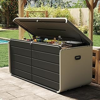 Domi 200 Gallon Resin Deck Box, Waterproof & UV-Resistant Outdoor Large Storage Box Lockable Storage Bin for Patio Cushions Pool Supplies Garden Tools and Delivery Storage
