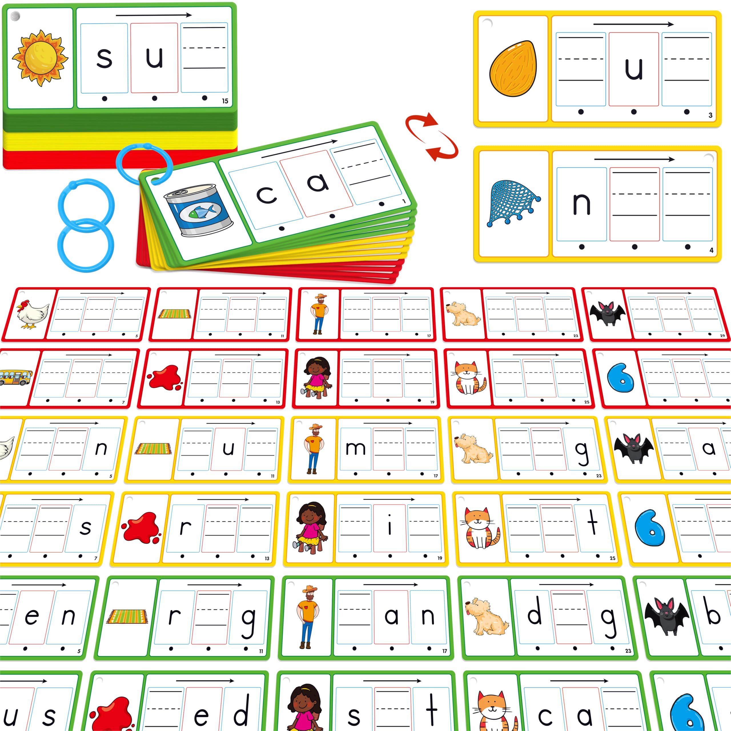 CVC Word Writing Cards, 100 Double-Sided Handwriting Cards 3-Level Short Vowel Spelling Flashcards CVC Sight Words Early Educational Tool for Kids 3 4 5 Years Old (3 Plastic Rings Included)