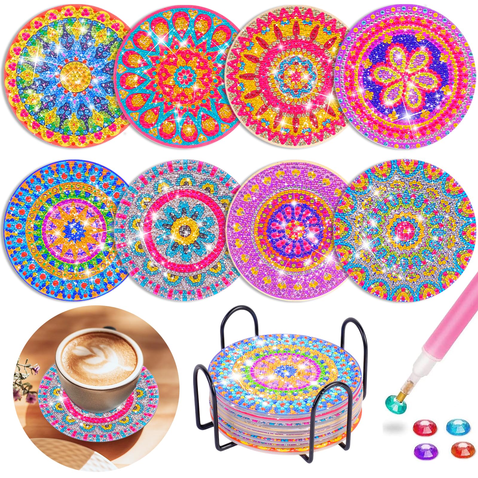 Craft Kits for Girl 6 7 8 9 10 Years Olds, 8 PCS Diamond Painting Coaster with Holder, 5D Mandala Diamond Painting Art Craft for Kids Adult, Girls Toys Gifts for Kids