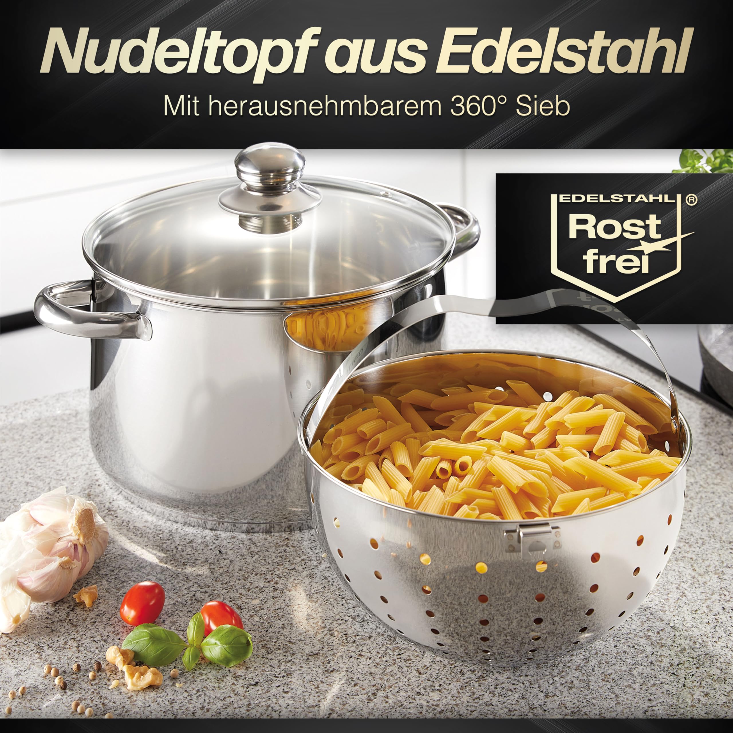 Beyond Nudeltopf 24 cm, Edelstahl Kochtopf mit Glasdeckel und herausnehmbarem Siebeinsatz, Pastatopf für Induktion und alle Herdarten geeignet, auch zum Braten und Suppen zubereiten verwendbar