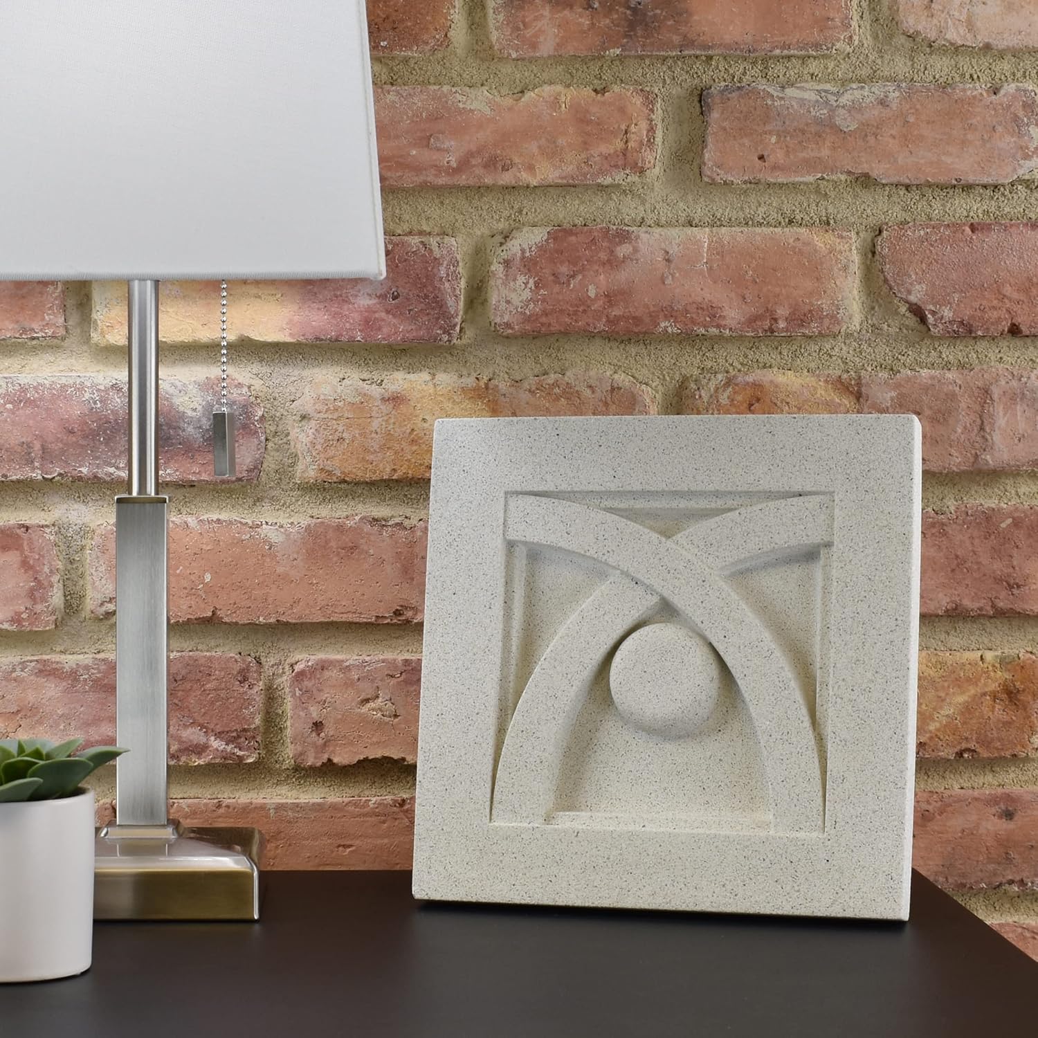 Sculpted Architectural Bas Relief 3D Tile Plaque Ornament, Solid Cast Stone, Arch & Ball Design, 9.5"x9.5" for Wall Hanging or Tabletop Display (White with Support Leg)