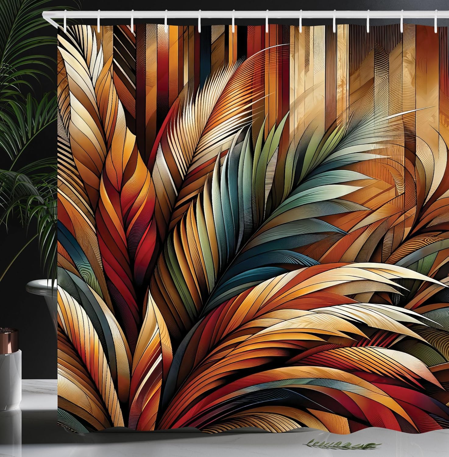 Ambesonne Aesthetic Shower Curtain, Boho Concept in Bold Exotic Leaves in Warm Tones on Rustic Back, Cloth Fabric Bathroom Decor Set with Hooks, 69" W x 84" L, Burnt Orange Teal and Blue