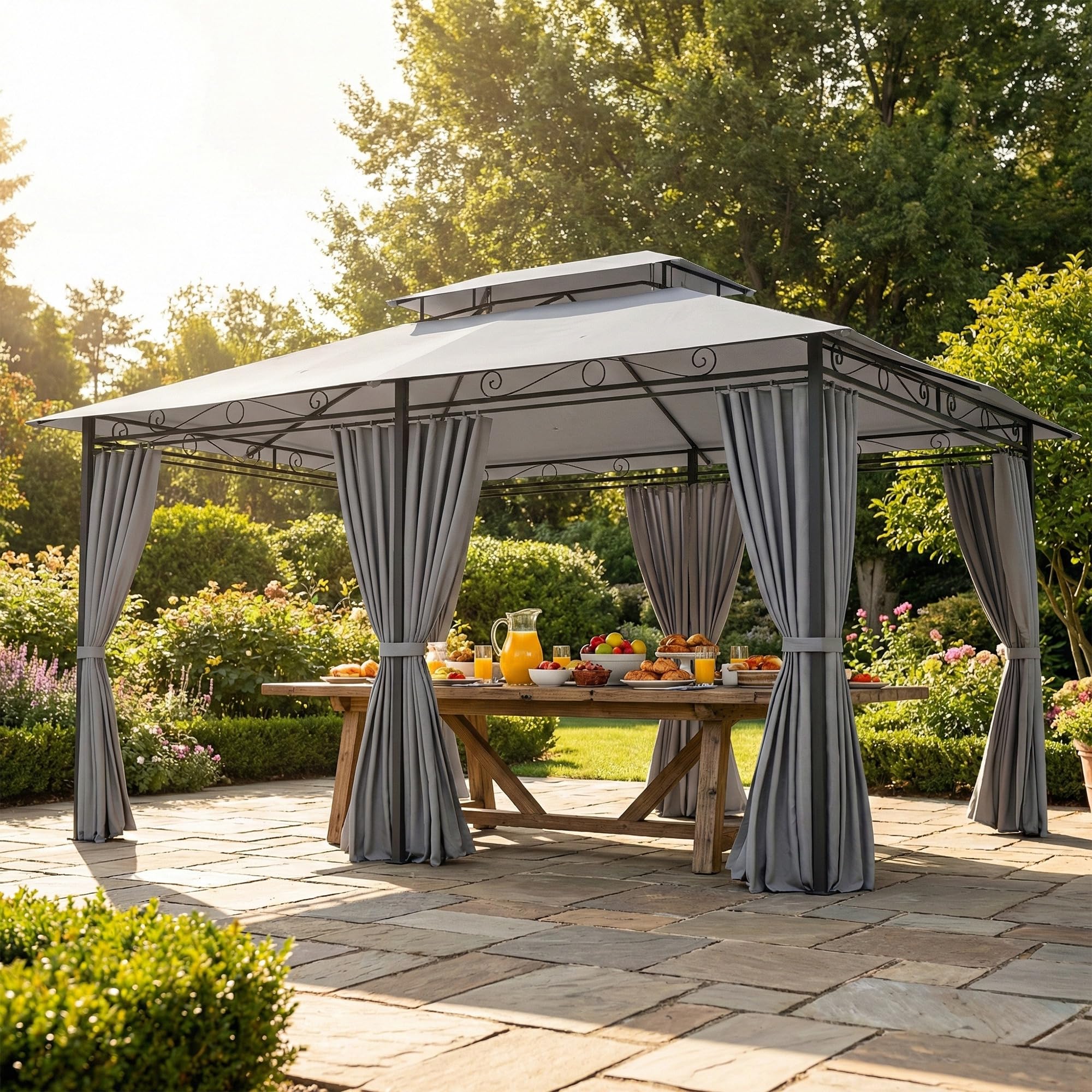 Outsunny Cenador para Jardín 3x4 m, Pabellón de Jardín, Gazebo con Doble Techo, 6 Paredes Laterales, Estructura Metálica, Drenaje, Carpa para Exterior, Terraza, Patio, Gris Oscuro