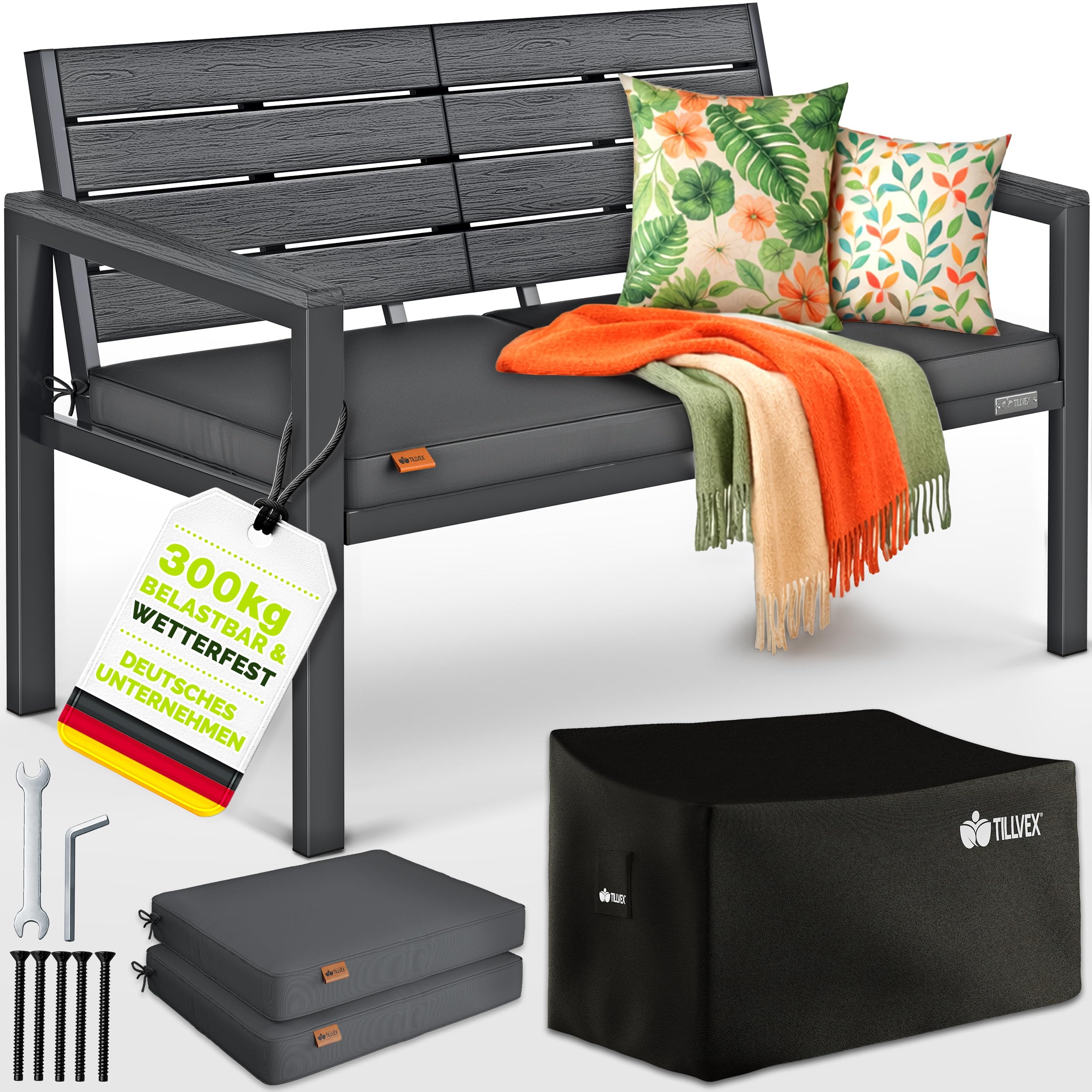 tillvex® Gartenbank Wetterfest 2-3 Sitzer mit Abdeckung & Kissen | Parkbank in Holzoptik bis 300kg belastbar UV-beständig | Sitzbank Garten Terrasse Balkon mit waschbarem Bezug