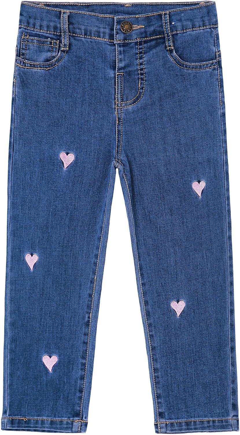 KIDSCOOL Baby Little Girls Cute Embroidered Straight Leg Jeans Denim Pants