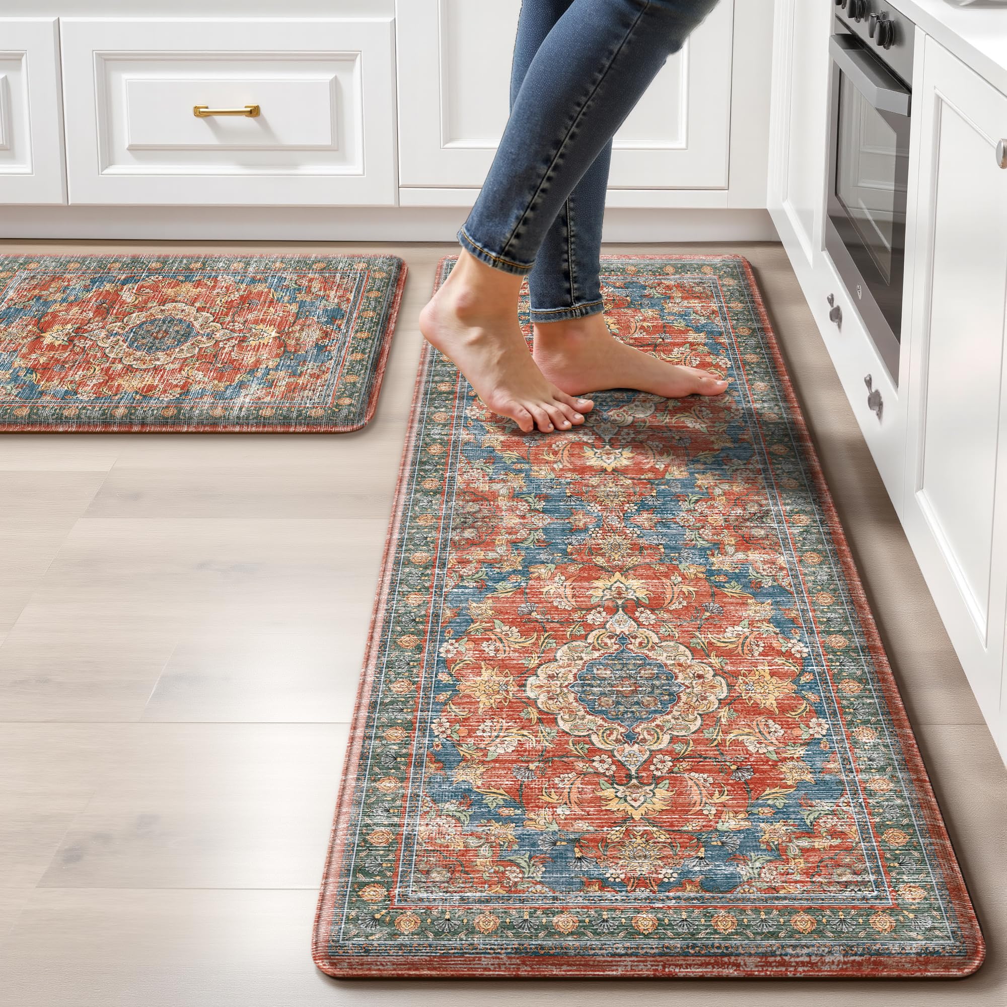 - Boho Kitchen Mats for Floor 2 Piece Set Anti Fatigue Cushioned PVC Kitchen Rugs Non Slip Waterproof Farmhouse Mats 2/5 Inch Comfort Standing Mat for Sink, Laundry, 17.3"x47"+17.3"x28", Retro Red
