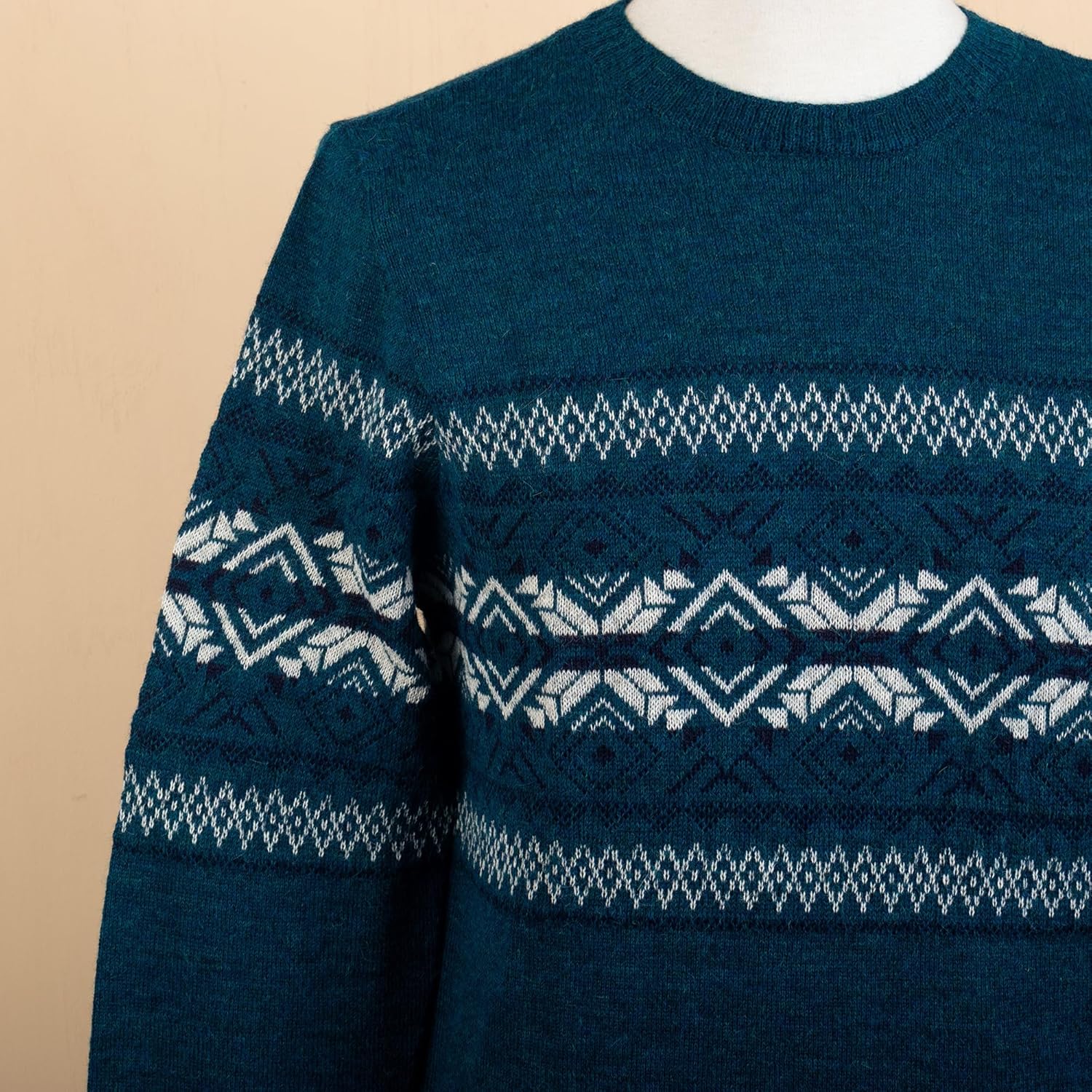NOVICA Artisan Handmade Alpaca Men's Sweater Knit Teal from in Peru Wool Clothing Ivory Patterned Geometric 'Andean Teal Sky'
