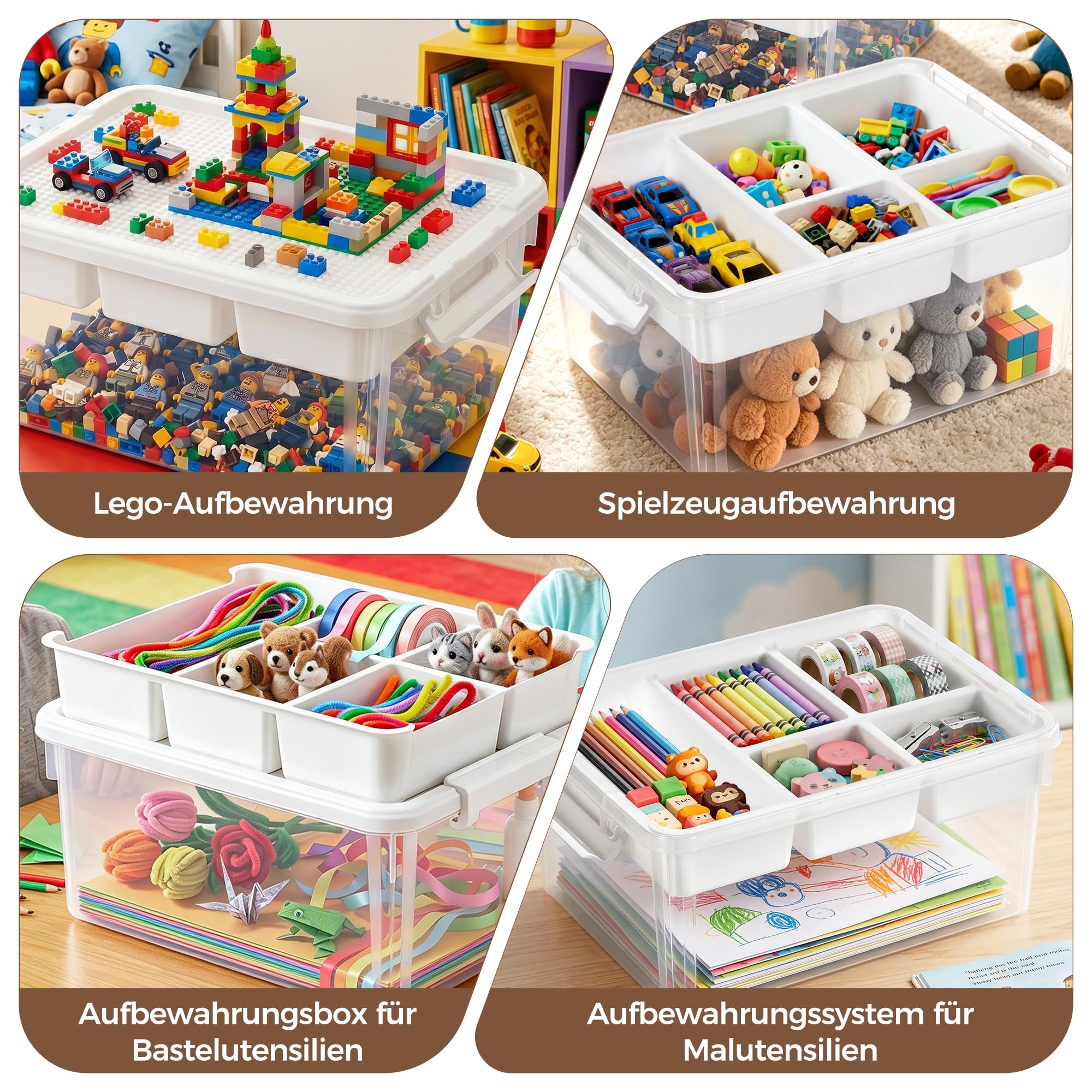 2er-Pack 16-Liter-Aufbewahrungsboxen für Spielzeug mit Deckel in Form einer Baustein-Grundplatte, herausnehmbarer Einlegeboden, Verschlussgriff, stapelbare Aufbewahrungsboxen mit Fächern