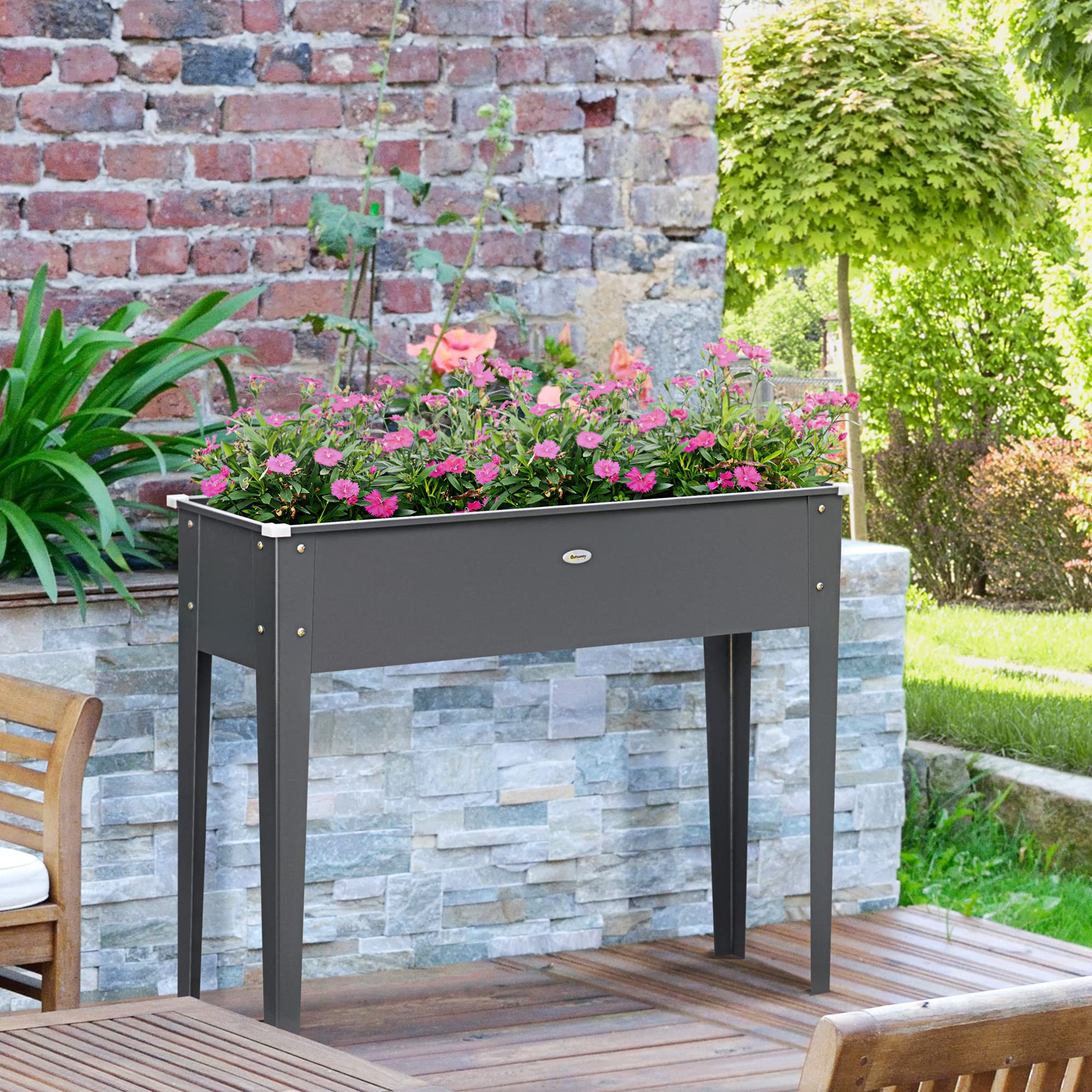 Outsunny Jardinière sur Pieds Trou de Drainage 100x30x80cm Acier Gris | Carré Potager, Acier Galvanisé