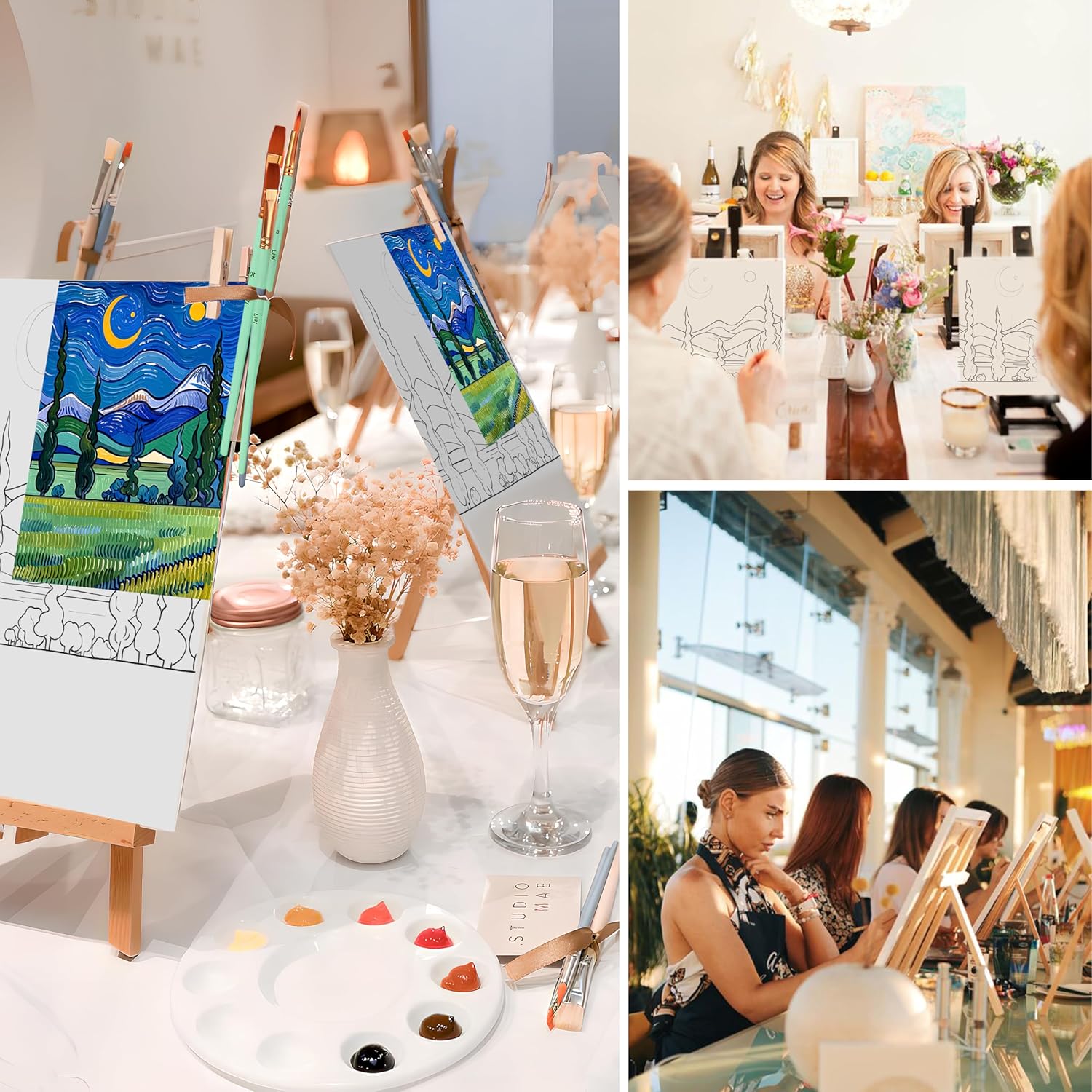 QUANWAISJ 12 Pcs Paint and Sip Kit for Adults, Pre-Drawn Canvas to Paint for Adults, Couples Painting Kit Date Night, Valentine's Day Party Supplies (Landscape, 8×10)