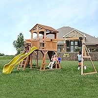 Vista 1 de Conjunto de columpios Backyard Discovery Sterling Point de madera de cedro con tobogán de ola, casa club elevada, puente de madera, pared de roca