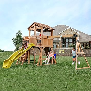 Backyard Discovery Sterling Point Cedar Wood Swing Set with Wave Slide, Raised Clubhouse, Wooden Bridge, Rock Wall, Belt Swings, Web Swing, Trapeze, Balcony, Climbing Wall, Ladder, Outdoor Playset