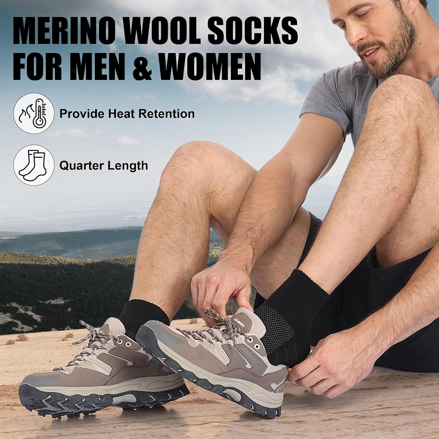Lapulas Merino Wool Quarter Socks for Men Women, Hiking Running, Cushioned Compression Support, Thermal Thick, 5 Pairs - Image 2