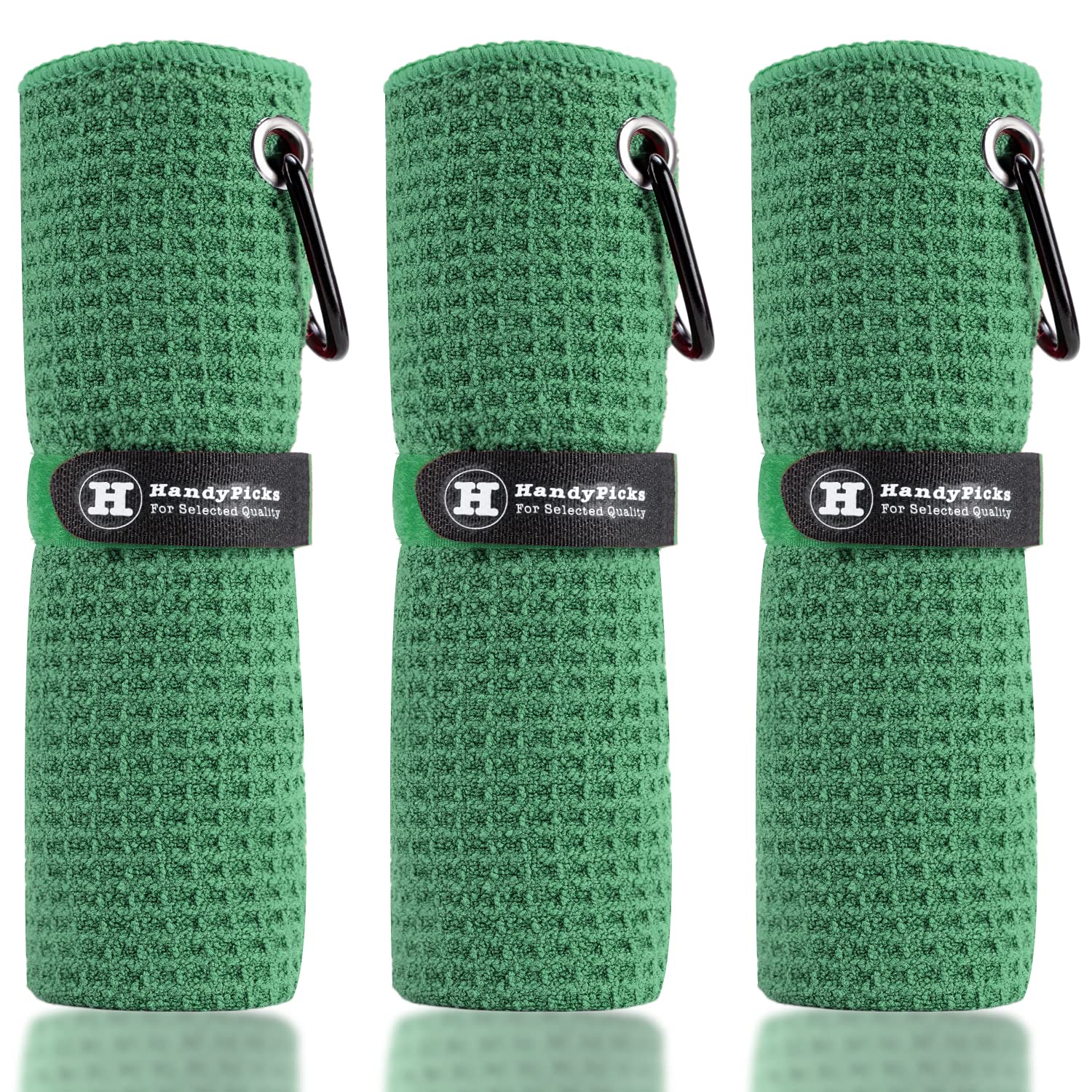 Handy Picks Microfiber Golf Towel (16" X 16") with Carabiner Clip, Waffle Pattern Golf Towel Hook and Loop Fastener - The Convenient Golf Cleaning Towel Dark Green
