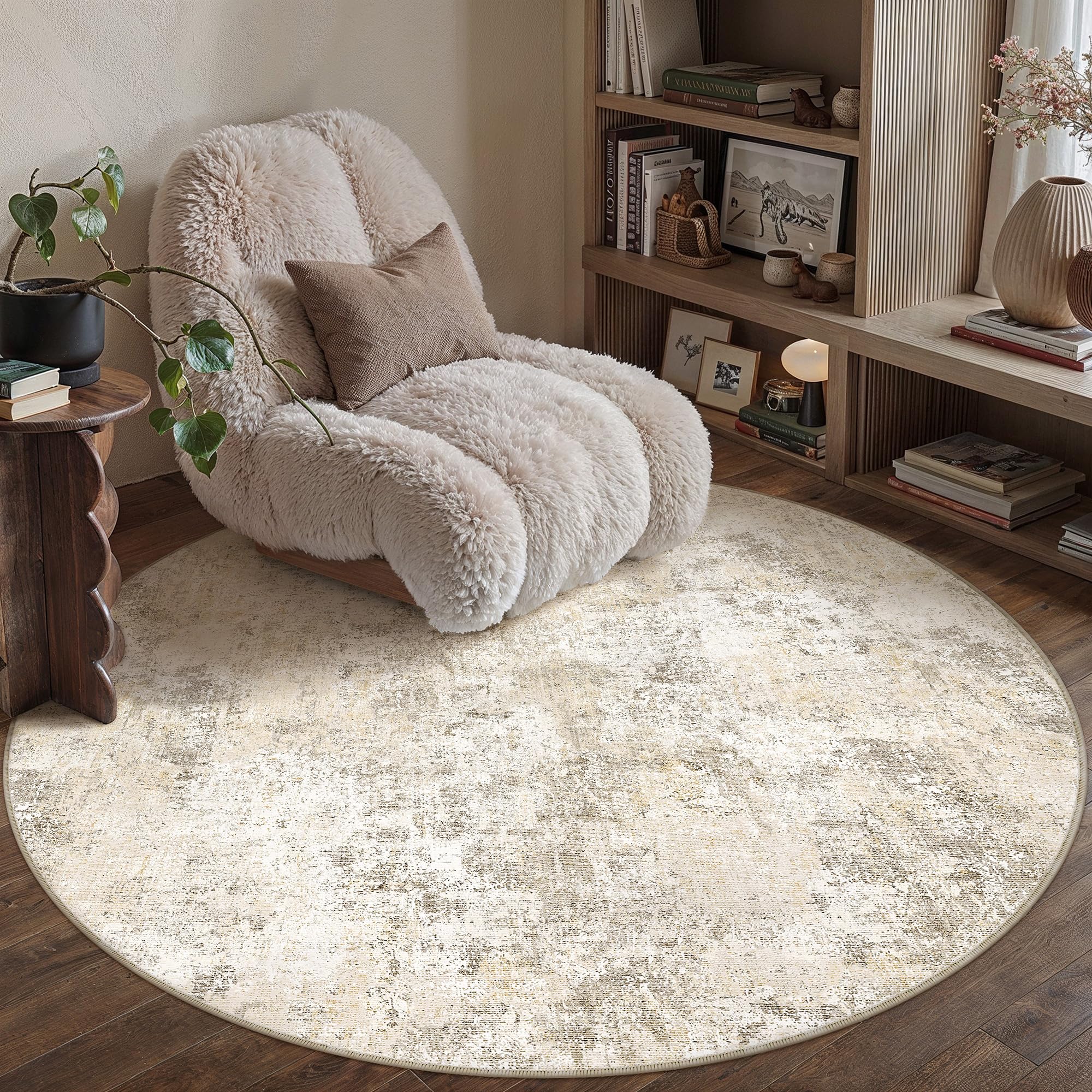 PureCozy Round Rugs Living Room Rug 150cm Beige Washable — image 1