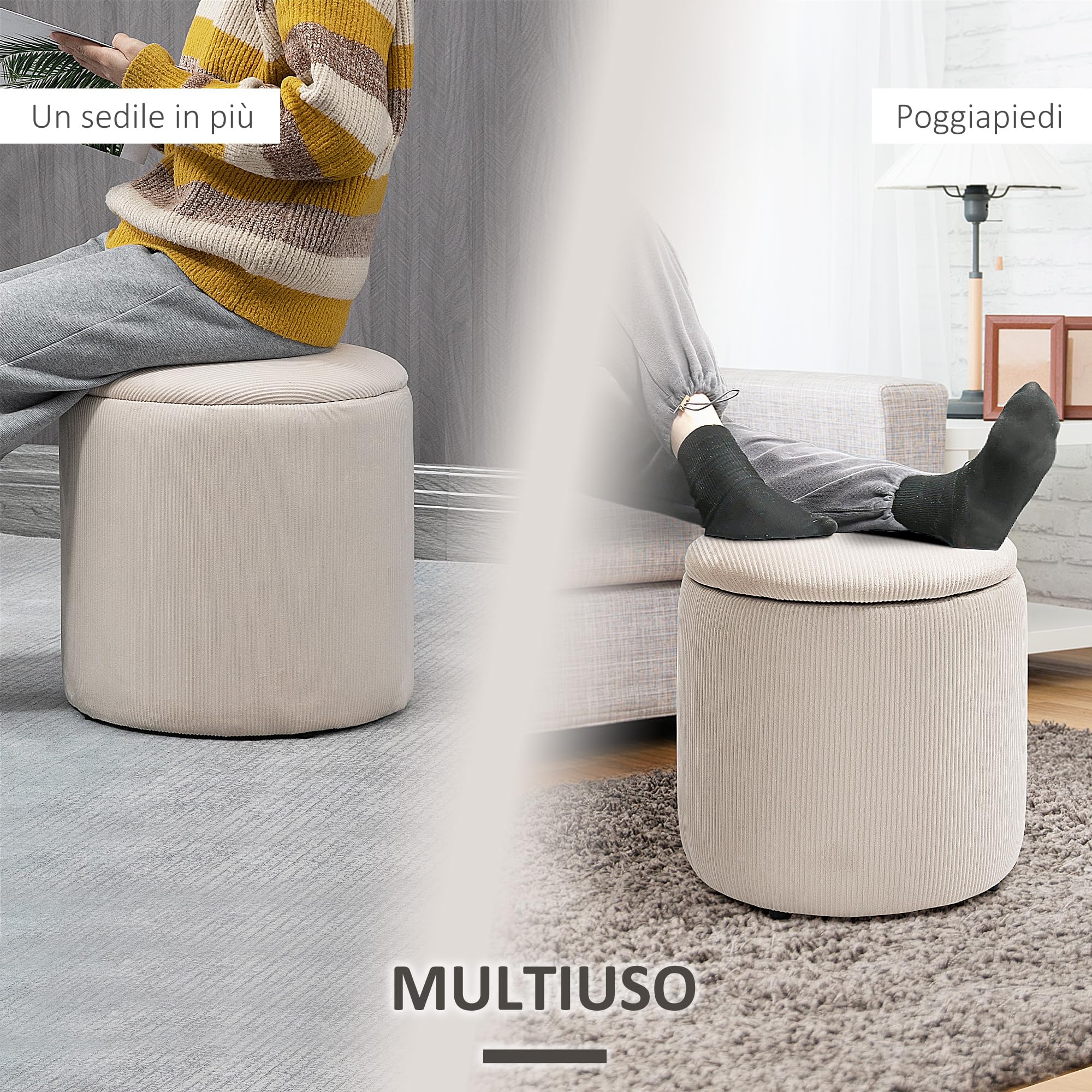 HOMCOM Set di 2 Pouf Contenitore Salvaspazio in Velluto a Coste, Sgabelli Imbottiti Rotondi con Coperchio per Salotto e Camera da Letto, Pouf Poggiapiedi Moderno, Carico 100kg, Bianco Crema