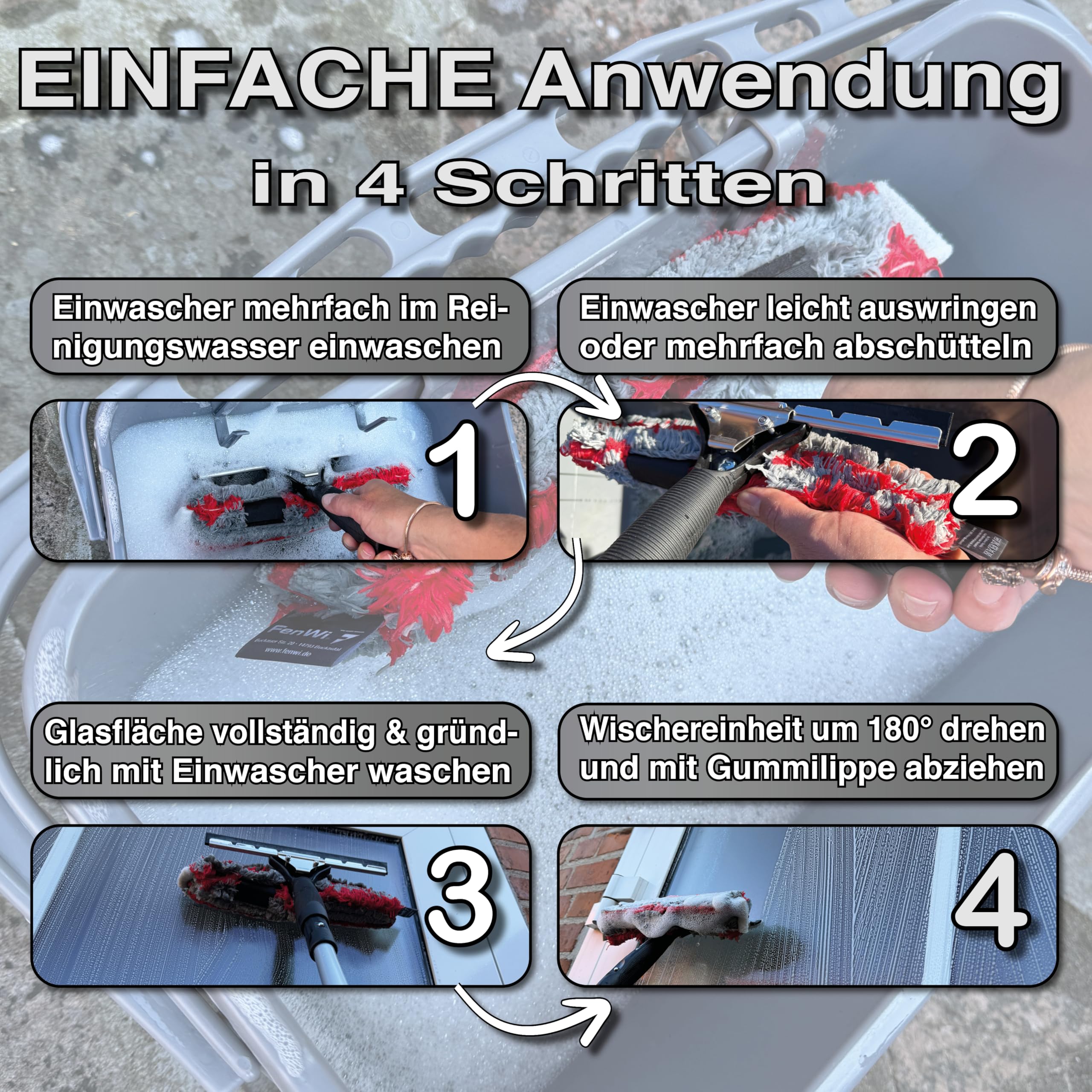 FenWi 1,25m Profi Komplett Set zur Glasreinigung mit 25/30cm Kombi Fensterabzieher Mikrofaser Einwascher Teleskopstange Rechteckeimer I Zubehör zur Fensterreinigung mit Wischeimer zum Fensterputzen