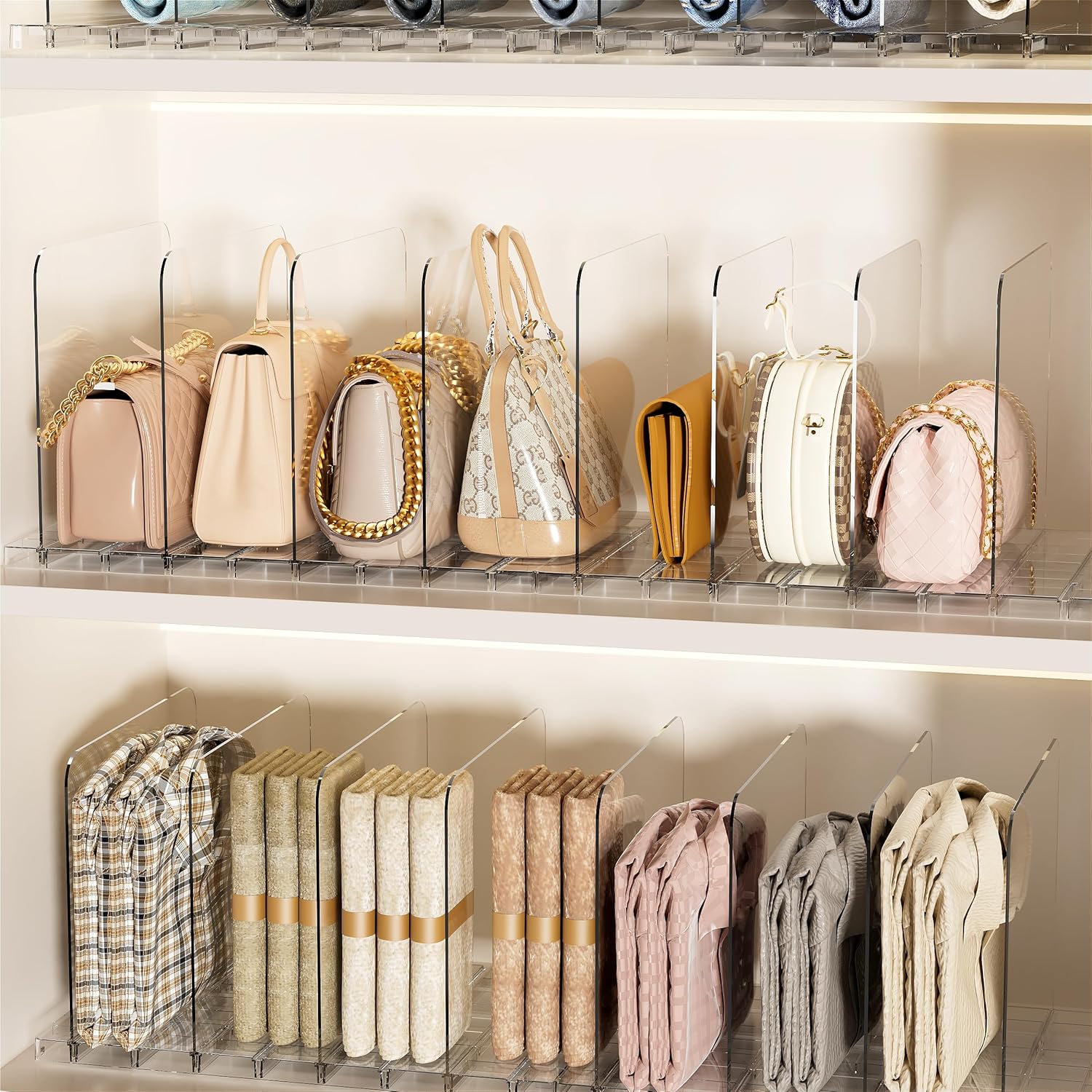 JOYZAN Adjustable Purse Organizer for Closet, Clear Acrylic Shelf Dividers 1 Pack+4 Pack