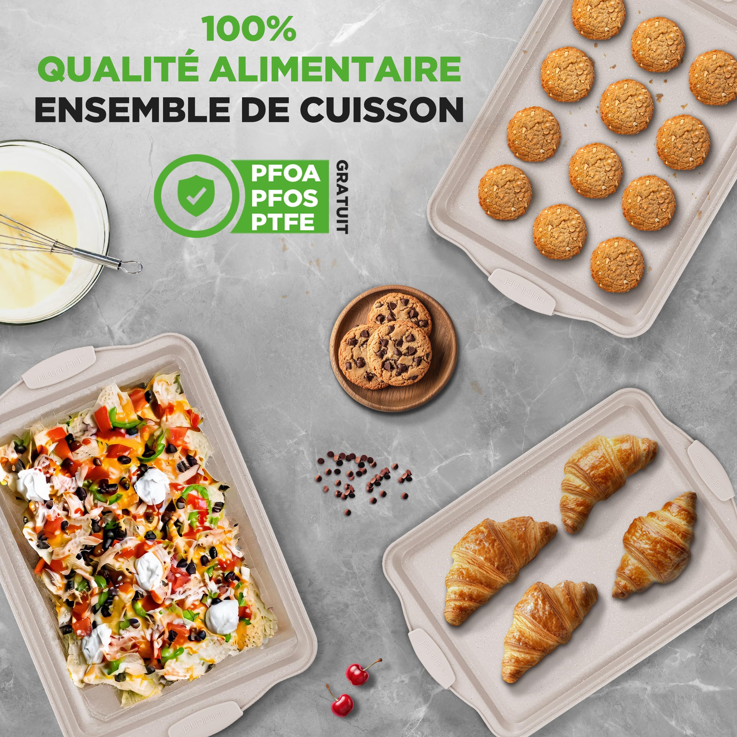 NutriChef Set de 3 Plaques à Pâtisserie Antiadhésives pour Biscuits - Poêles en Acier au Carbone de Haute Qualité avec Poignées en Silicone Noire - Répartition Uniforme de la Chaleur, Sans PFOA/PFOS/