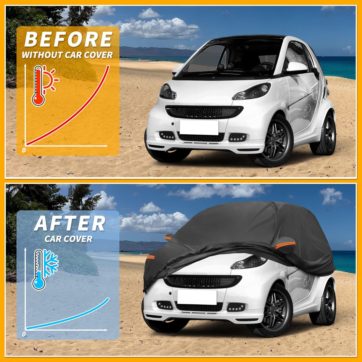 Car Cover Waterproof All Weather Sun Rain Protection Full Exterior Cover for Smart Fortwo Black with Left Side Zippers