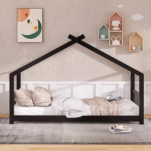 Miniatura 3 de Merax Camas Montessori de madera para niños con cabecero, marco de cama de suelo para niños y niñas, no necesita somier (individual, espresso)