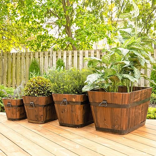 Leisure Season BREP109 - Macetas rectangulares de madera estilo barril, color marrón oscuro, juego de 4 unidades, madera de cedro y ciprés, jardín