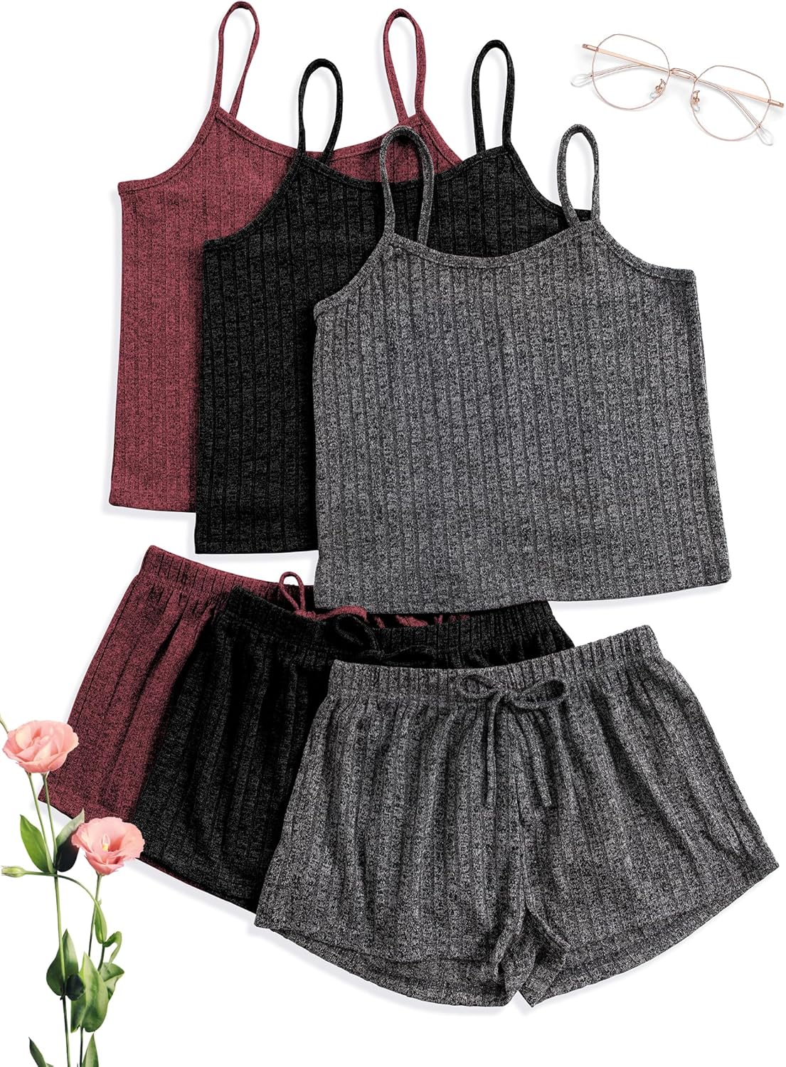 3 Sets for Women Ribbed Pajamas Set Crop Cami Top and Tie Front Shorts Lounge Set Sleeveless Button Pjs Sleepwear - Image 2