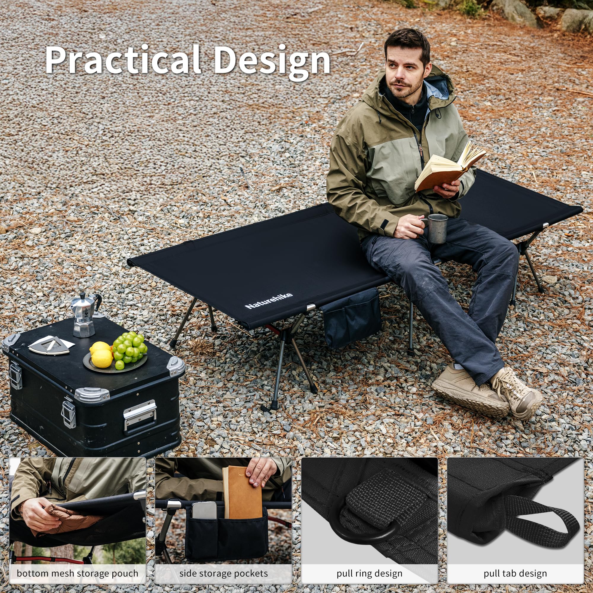 Naturehike Cama de camping plegable de 190 × 70 cm, portátil, plegable, ligera, para camping, hasta 150 kg, cuna de viaje para senderismo, casa, tienda de campaña, exterior, oficina, jardín (negro)