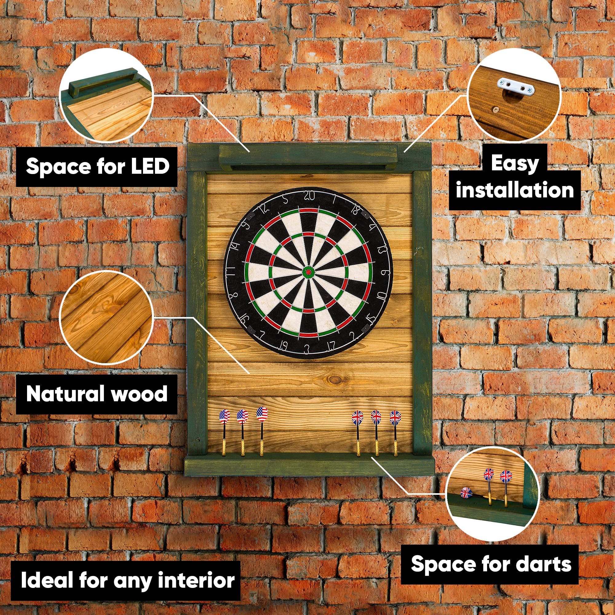 JohnPaddle Der Premium Dart Wandschutz aus rustikalem Holz + Beleuchtung (optional) (ohne Beleuchtung, Grün)