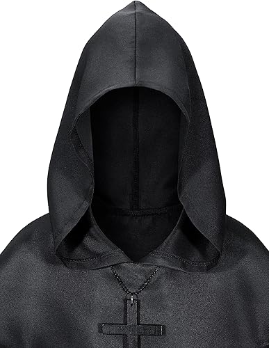Miniatura 7 de Disfraz de monje renacentista medieval para niños, disfraz de sacerdote y mago, manto con capucha, disfraz de cosplay, conjunto de collar y cinturón